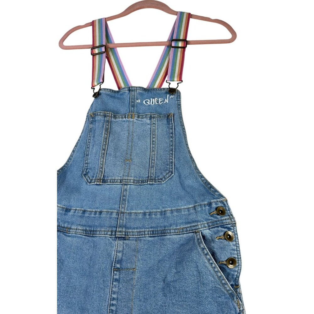 Jean Overalls Shorts Denim Target Pride Rainbow Queen Women's Sz XS Adjustable - Picture 2 of 7